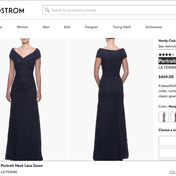 NEW LA FEMME Navy PORTRAIT NECK Ruched Waist SPARKLE LACE Trumpet EVENING GOWN 8 - Picture 4 of 16